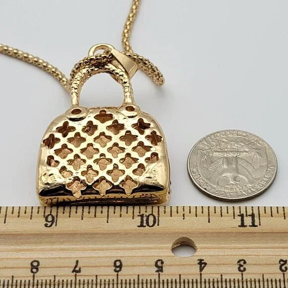 Betsey Johnson Red Enamel Purse Pendant Necklace Gold-Tone Clear Crystal 30 Inch - Picture 7 of 8